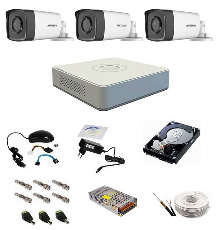 Sistem supraveghere complet, 3 camere 1080P Hikvision TurboHD ir 40m