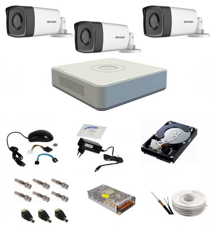 Sistem supraveghere complet, 3 camere 1080P Hikvision TurboHD ir 80m