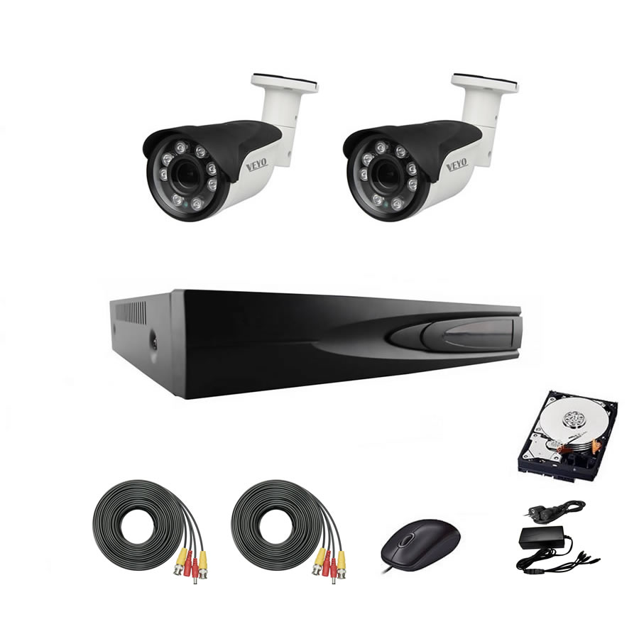 Sistem de supraveghere exterior complet, 5mp, ir 40 m, 2 camere, cabluri mufate
