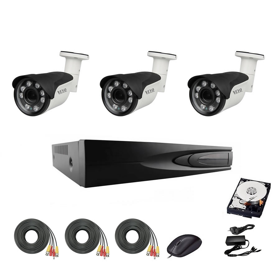 Sistem de supraveghere exterior complet, 5mp, ir 40 m, 3 camere, cabluri mufate