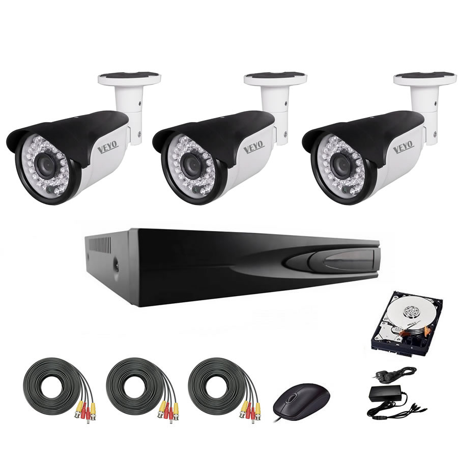 Sistem de supraveghere exterior complet, 5mp, ir 40 m, 3 camere, cabluri mufate