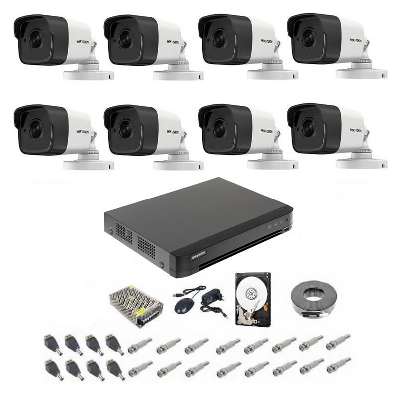 Sistem supraveghere audio-video 5 mp hikvision turbo hd cu 8 camere bullet ir 20m, alimentatori, cabluri, mufe, hdd 2tb
