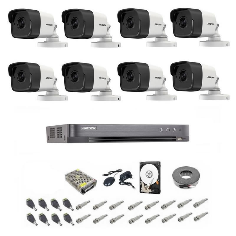 Sistem supraveghere Audio-Video 5 MP Hikvision Turbo HD cu 8 camere Bullet IR 20m, alimentatori, cabluri, mufe, HDD 2Tb