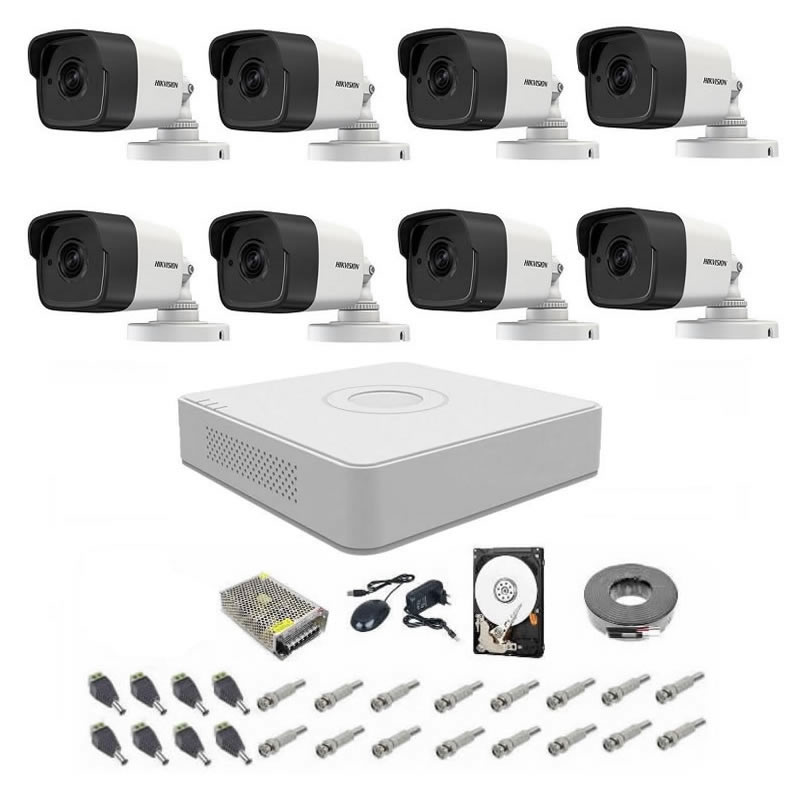 Sistem supraveghere Audio-Video 5 MP Hikvision Turbo HD cu 8 camere Bullet IR 20m, alimentatori, cabluri, mufe, HDD 2Tb