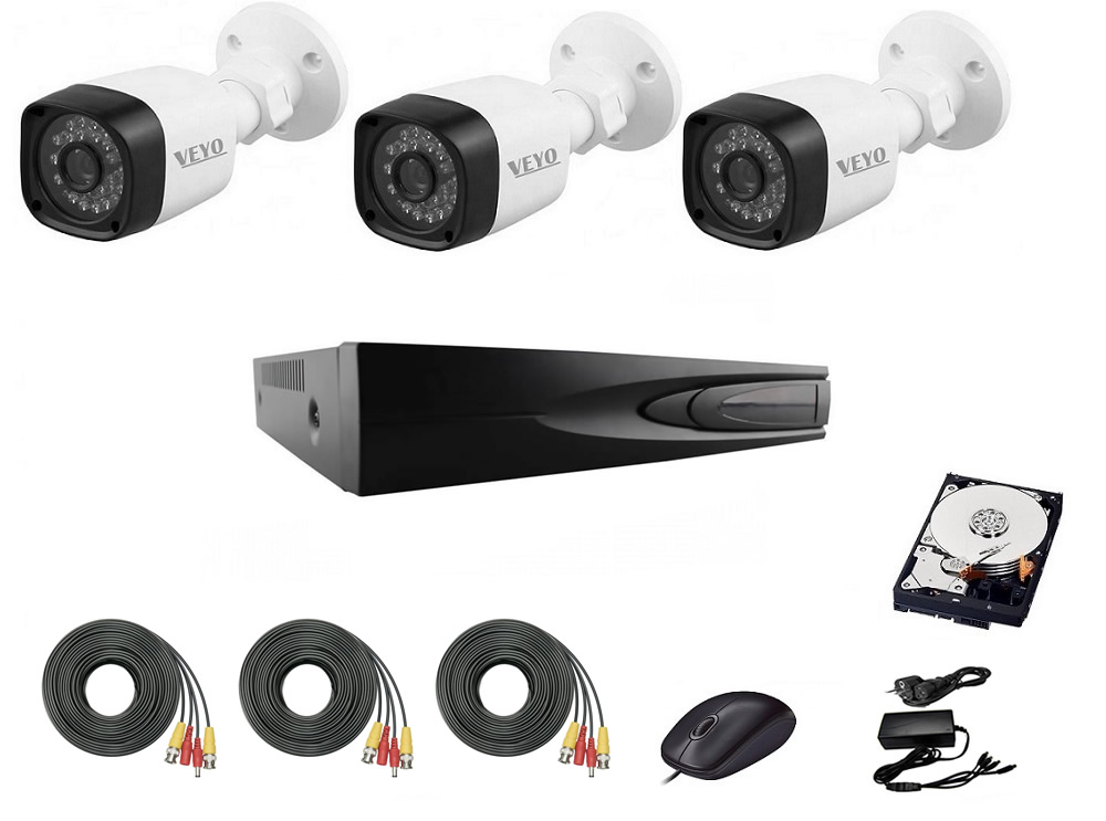 Sistem supraveghere hd exterior complet, 1.4 mp, ir 30 m, 3 camere, cabluri mufate