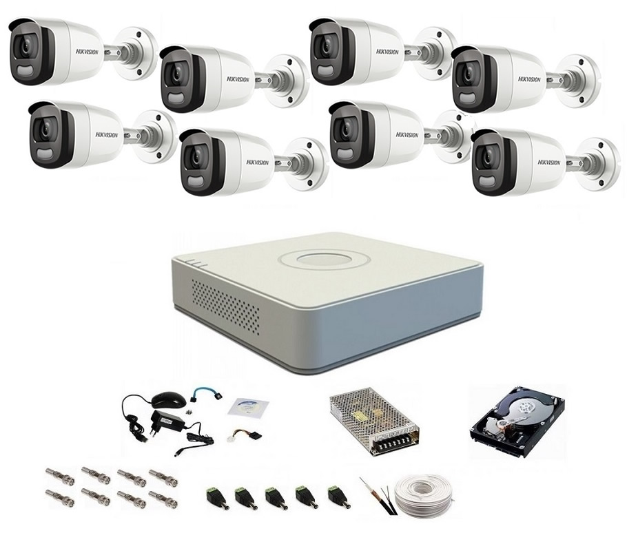 Sistem complet de supraveghere 5 Mp, Hikvision, 8 camere ColorVU cu lumina alba 40 m, color noaptea