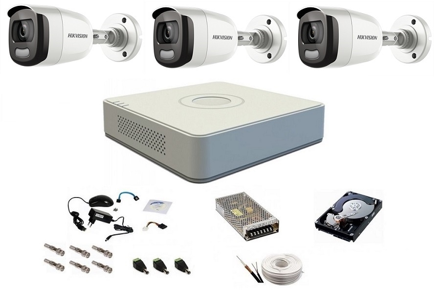 Sistem complet de supraveghere, 5 Mp, Hikvision, 3 camere ColorVU cu lumina alba 40 m, color noaptea