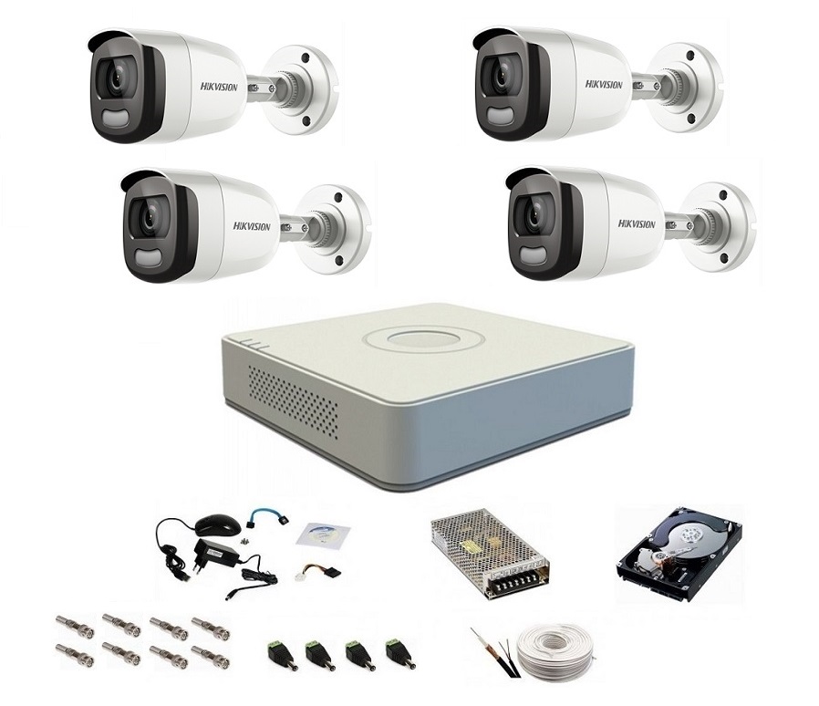 Sistem complet de supraveghere 5 Mp, Hikvision, 4 camere ColorVU cu lumina alba 40 m, color noaptea