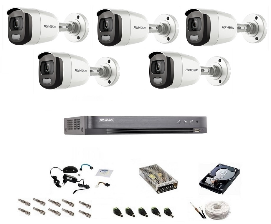 Sistem complet de supraveghere 5 Mp, Hikvision, 5 camere ColorVU cu lumina alba 40 m, color noaptea