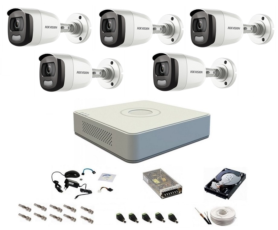 Sistem complet de supraveghere 5 Mp, Hikvision, 5 camere ColorVU cu lumina alba 40 m, color noaptea