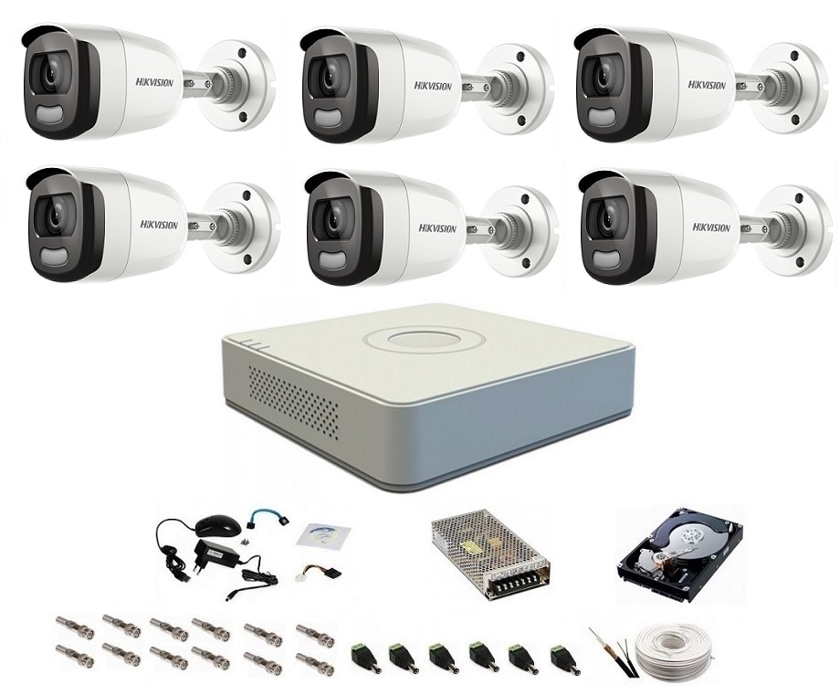 Sistem complet de supraveghere 5 Mp, Hikvision, 6 camere ColorVU cu lumina alba 40 m, color noaptea
