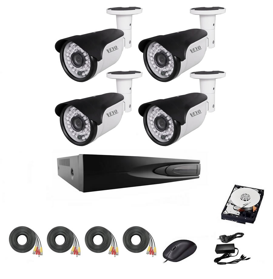 Sistem de supraveghere exterior complet, 5mp, ir 40 m, 4 camere, cabluri mufate