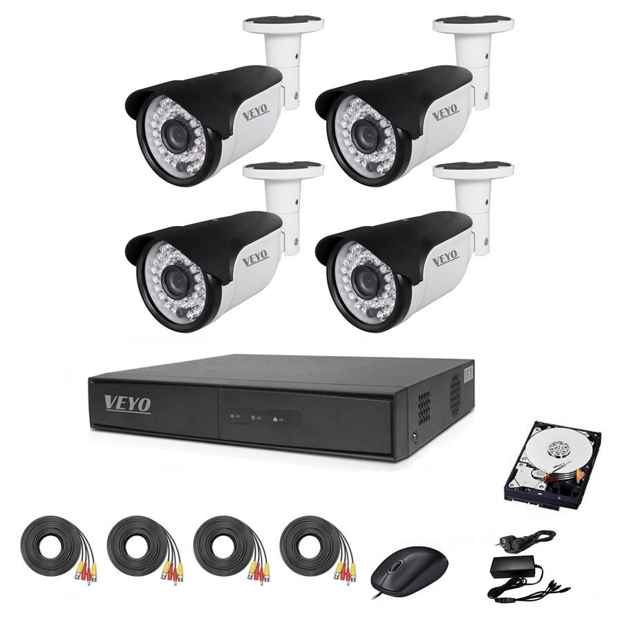 Sistem de supraveghere exterior complet, 5MP, IR 40 M, 4 camere, cabluri mufate