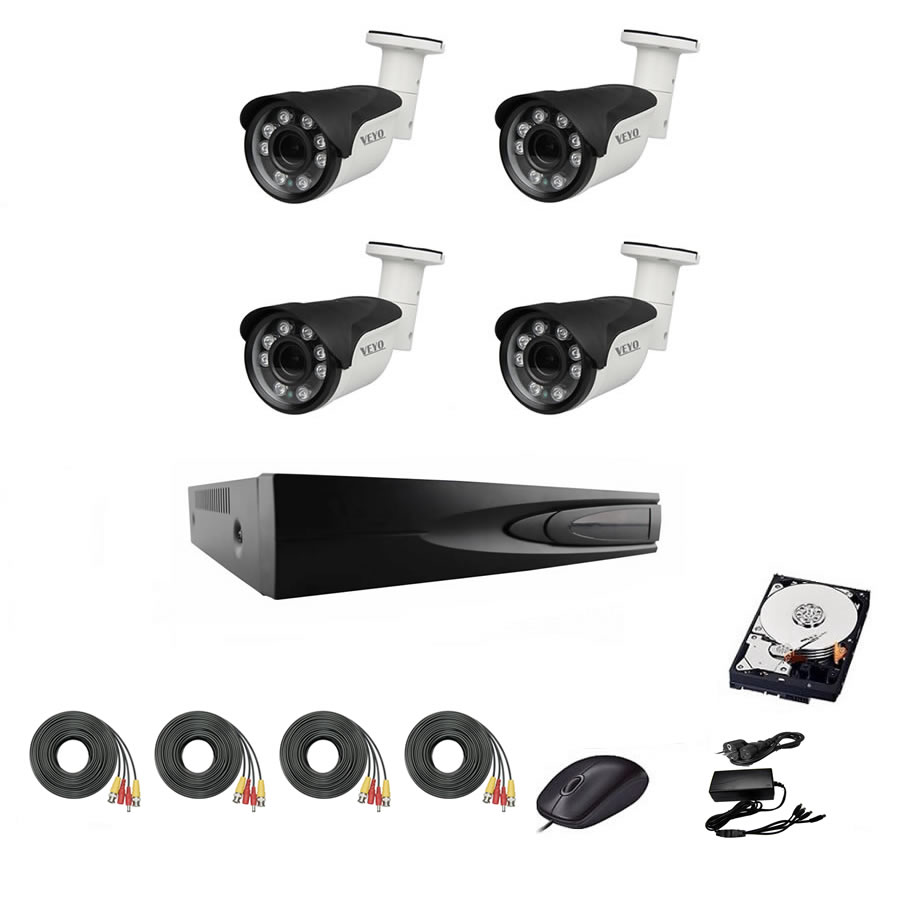 Sistem de supraveghere exterior complet, 5mp, ir 40 m, 4 camere, cabluri mufate