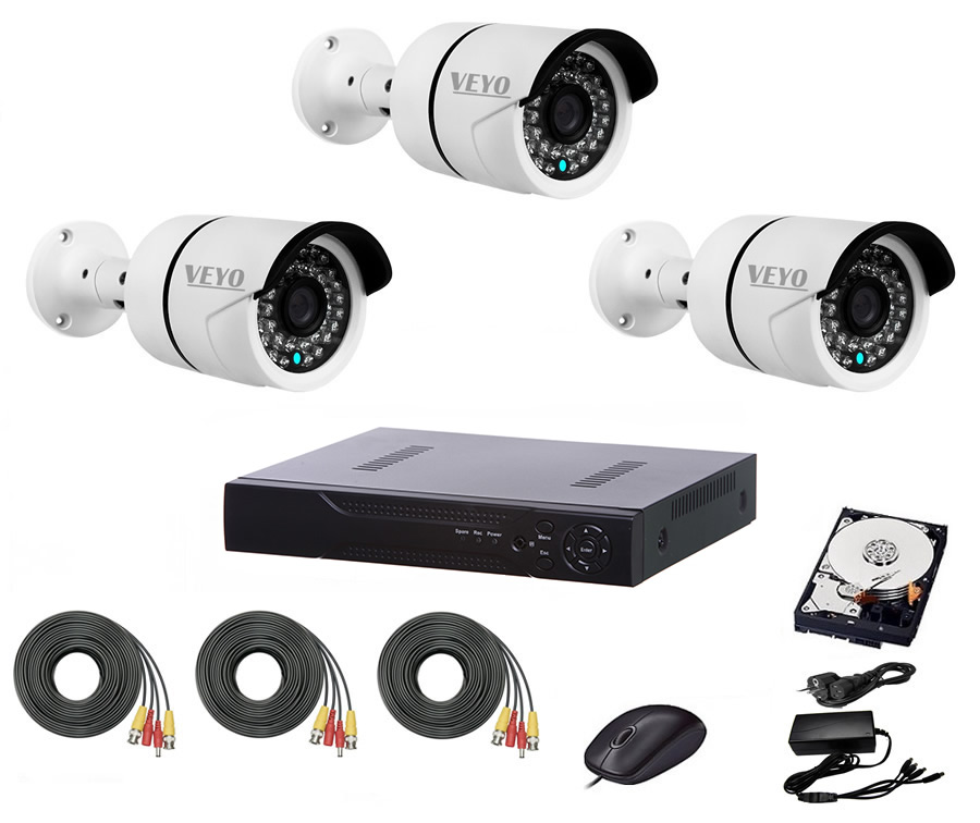 Sistem de supraveghere complet 1080p ir 30 m, 3 camere, cabluri mufate