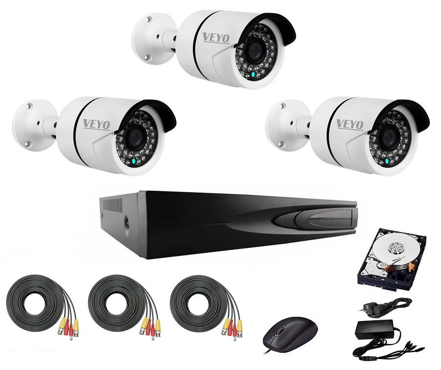 Sistem de supraveghere complet 1080p ir 30 m, 3 camere, cabluri mufate