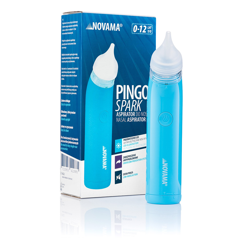 Aspirator nazal electric Novama Pingo Spark, pentru copii 0-12 ani, 2 varfuri silicon, iluminare LED, cu baterii, Albastru