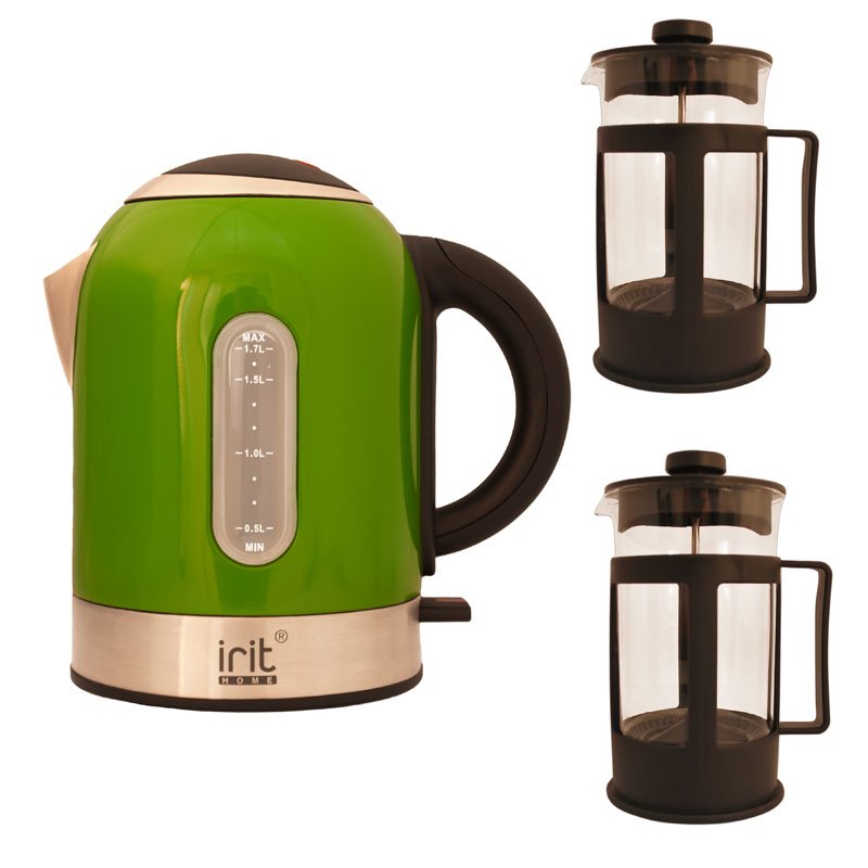 Pachet fierbator Irit IR-1323, 2200 W, 1.7 l, Verde + 2 Prese de ceai / cafea Irit FR-06-014