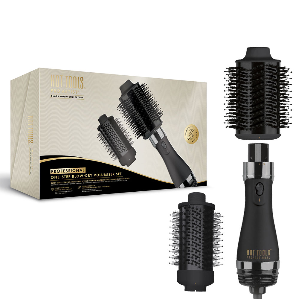 Perie electrica fixa multifunctionala Hot Tools One-Step Blow Dry Volumiser Set, Pro Artist Black Gold collection, 2 capete detasabile, 3 trepte de temperatura, HTDR1100BGUKE