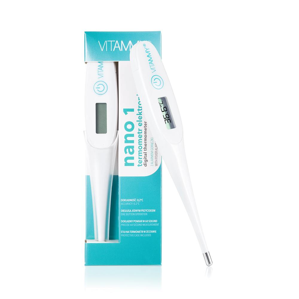 Termometru electronic tip stilou vitammy nano 1, functie alarma pentru febra, memorarea ultimei masuratori, husa protectie