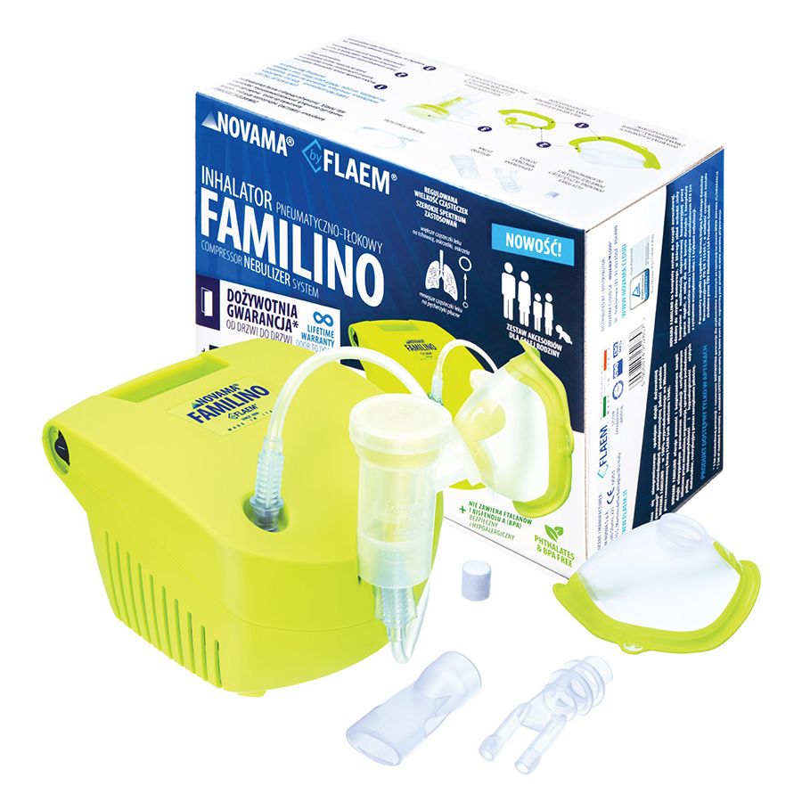 Aparat aerosoli Novama Familino by Flaem, nebulizator cu compresor, 2 moduri de nebulizare, dimensiuni particule reglabile, masca copii si adulti, fara ftalati si BPA, pentru uz casnic si profesional