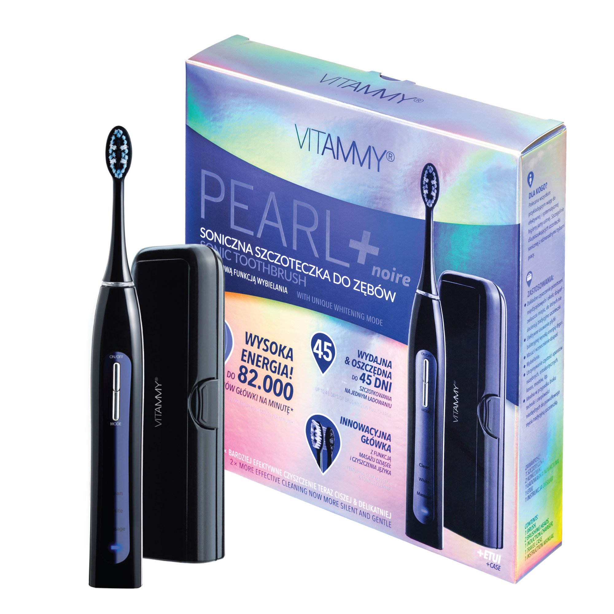 Periuta de dinti electrica VITAMMY Pearl+ Noire, 82000 vibratii/min, 3 moduri de periaj, Negru