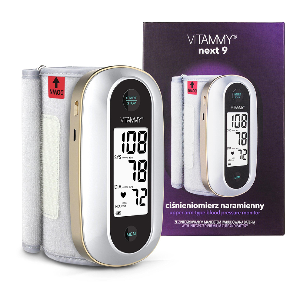 Tensiometru electronic de brat Vitammy Next 9, mufa USB, detectare aritmie, manseta integrata 23-36 cm, 120 seturi de memorie, Alb/Auriu