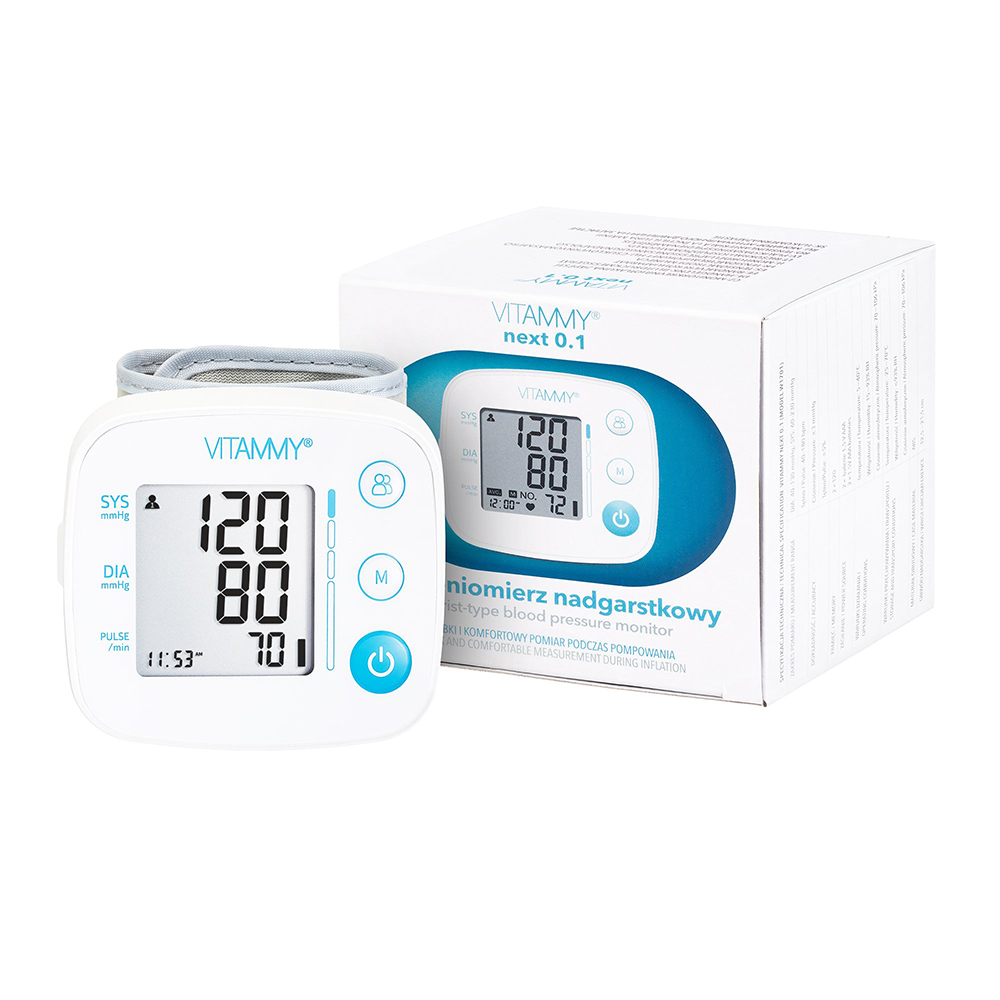 Tensiometru electronic de incheietura VITAMMY Next 0.1, masurare in timpul umflarii mansetei, detectare aritmie, detectie miscarea corpului, memorare 2 utilizatori, manseta 12.5-21.5 cm, Alb