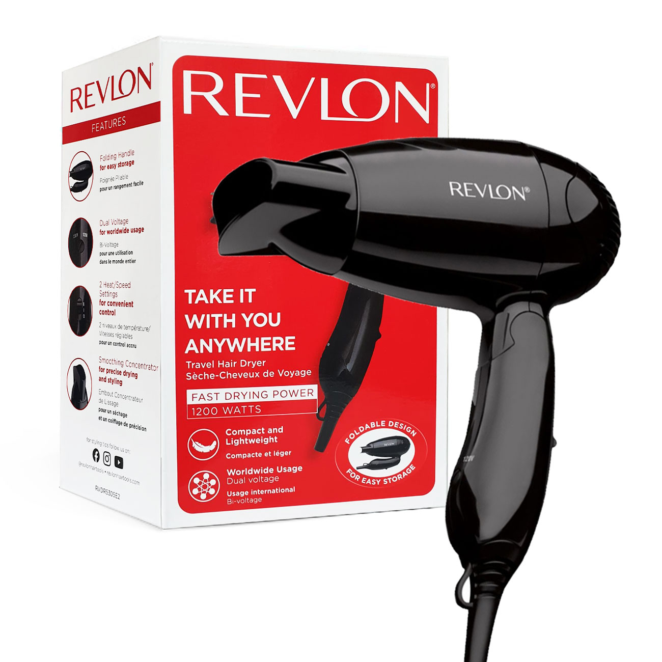 Uscator de par REVLON Travel RVDR5305E2, 2 viteze, 2 trepte de temperatura, Negru