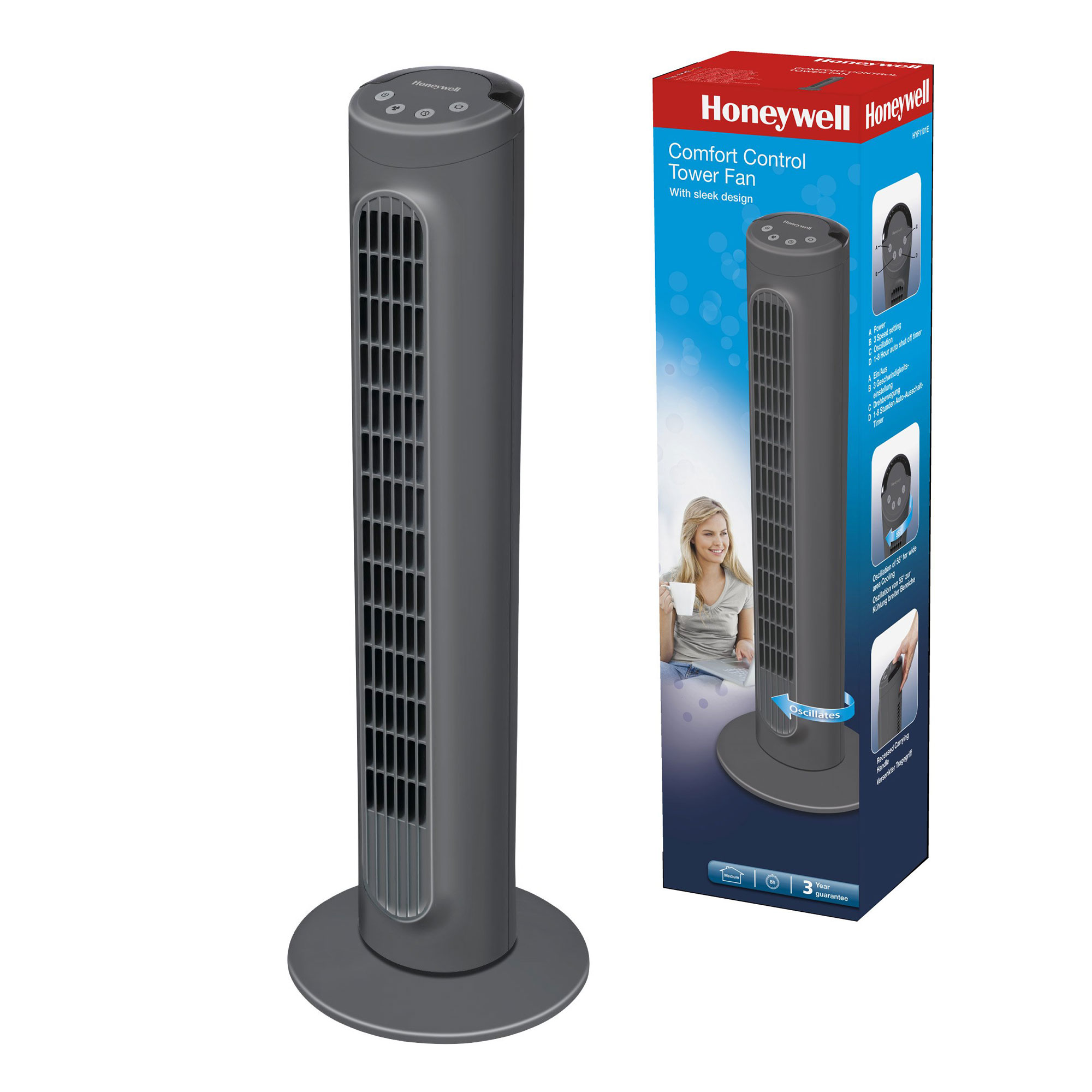 Ventilator turn honeywell hyf1101e, 3 trepte de viteza, 80 cm, panou de control, negru