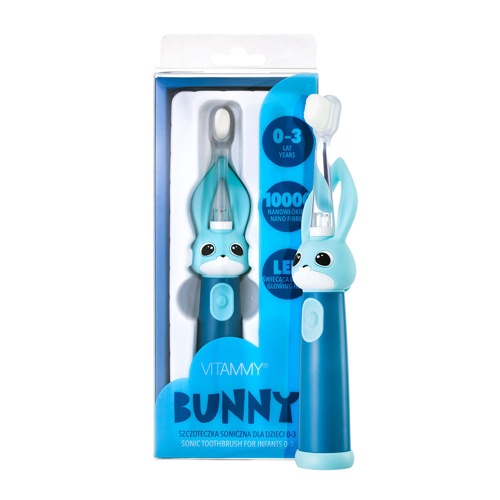 Periuta de dinti electrica Vitammy Bunny Blue, pentru copii 0-3 ani, cu lumina LED si efecte sonore, 24.000 de miscari/min, 2 programe de periaj, fibre nano