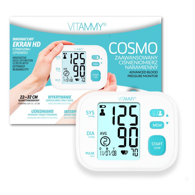 Tensiometru electronic de brat VITAMMY Cosmo, detectare aritmie, memorare 2 utilizatori, Alb