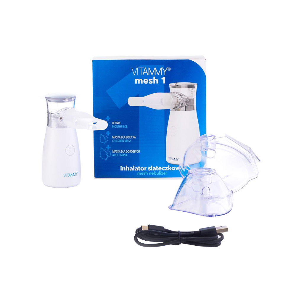 Aparat aerosoli cu tehnologie mesh Vitammy Mesh 1, pentru copii si adulti, portabil, 2 viteze de nebulizare, cablu USB, masca copii si adulti, silentios, Alb