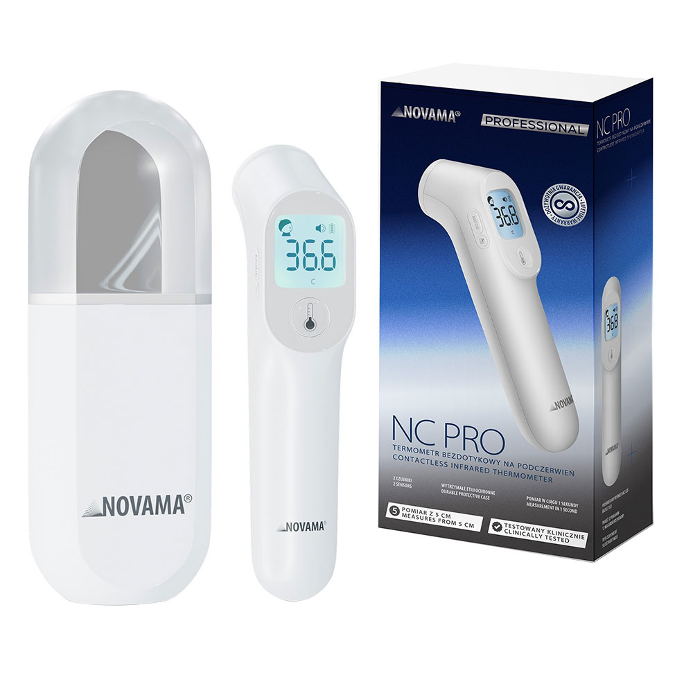 Termometru non-contact Novama NC Pro, pentru masurarea temperaturii corpului si a suprafetelor, memorie pentru 12 masuratori, 2 senzori separati, alarma febra, ecran iluminat, mod silentios, etui