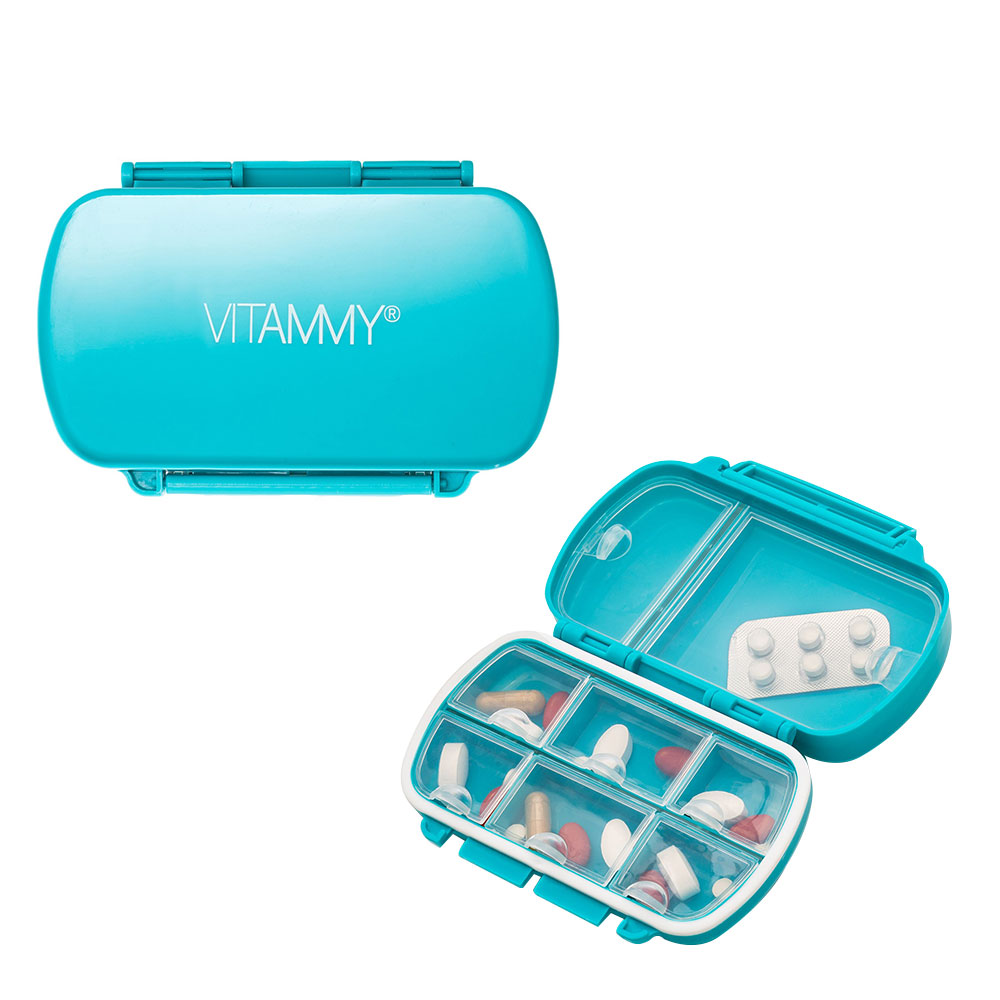 Organizator medicamente Vitammy Pilla Multi 8, cu 8 compartimente de dimensiuni diferite, design compact si portabil