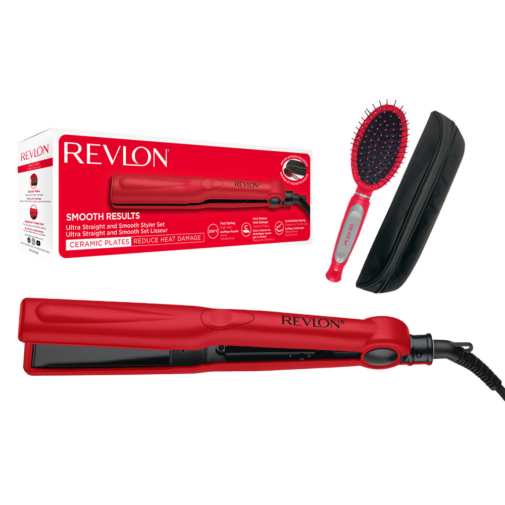 Placa de indreptat parul Revlon Smooth Results RVST2176GPE, temperatura pana la 200 grade, husa si perie de par Revlon cadou