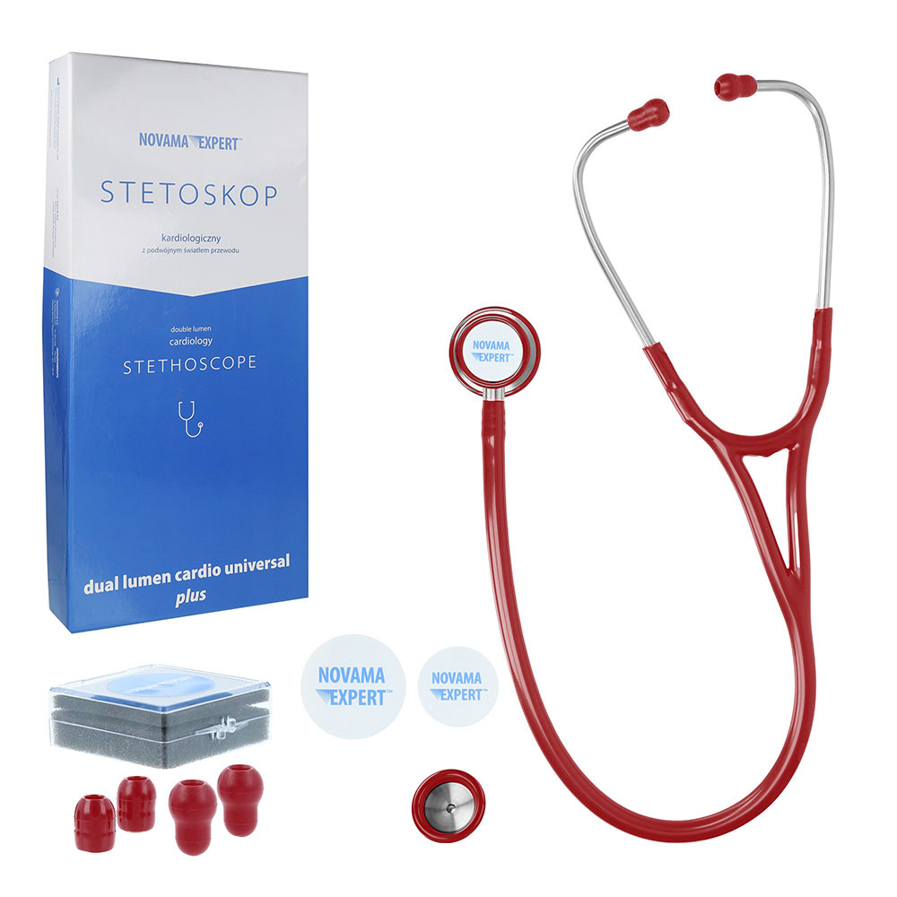 Stetoscop cardiologic Novama Expert, cap dublu din otel inoxidabil, 2 seturi de olive auriculare din silicon, o diafragma de schimb, Burgundy