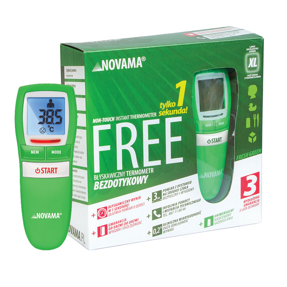 Termometru non-contact Novama Free, pentru masurarea temperaturii corpului, camerei, suprafetei, memorie pentru 30 masuratori, masurare instantanee, mod silentios de noapte, oprire automata, Verde