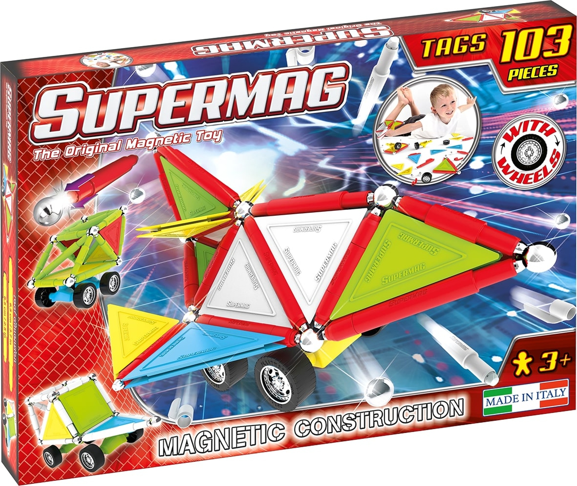 Set constructie magnetic 103 piese tags wheels supermag