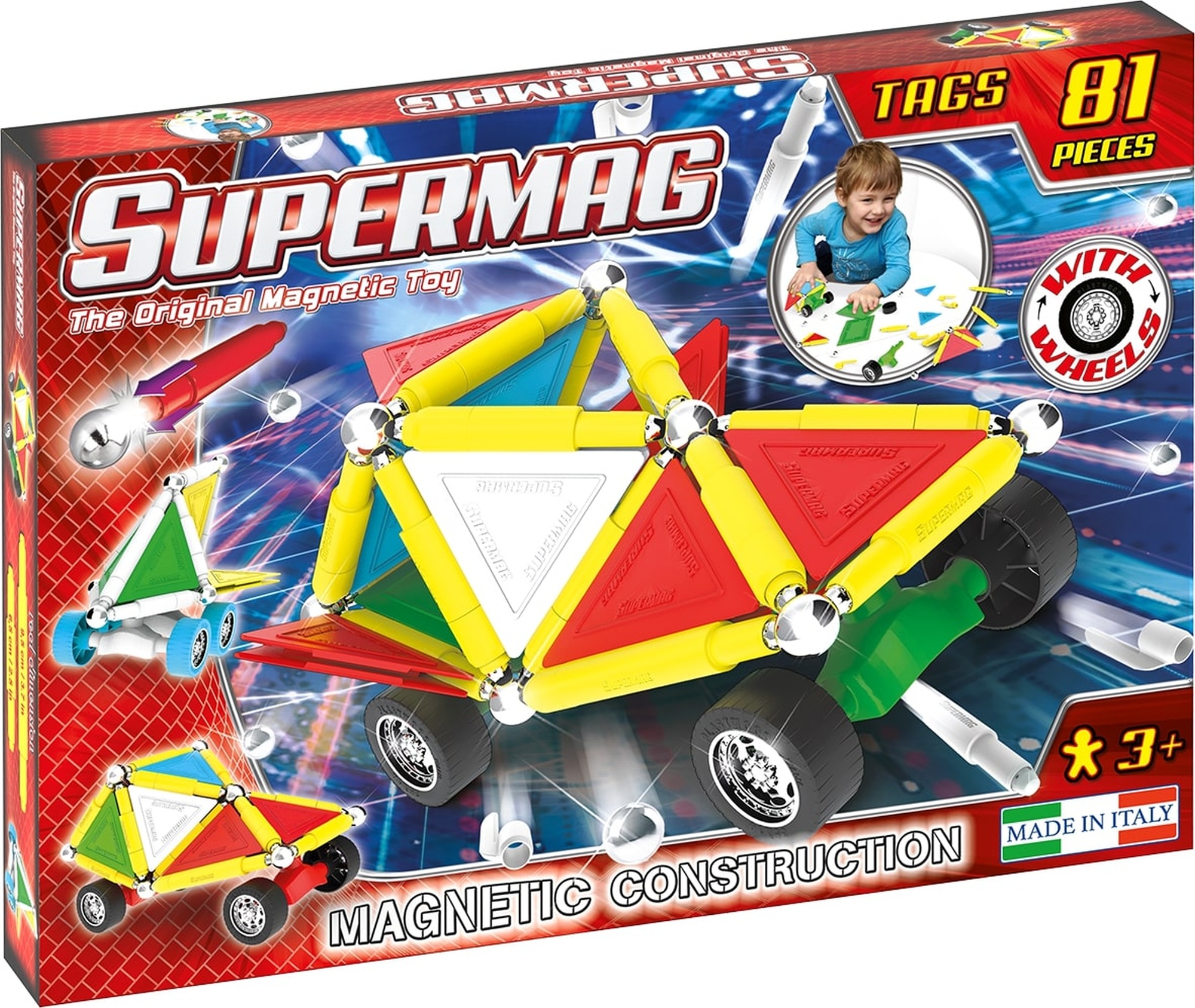 Set constructie magnetic 81 piese tags wheels supermag