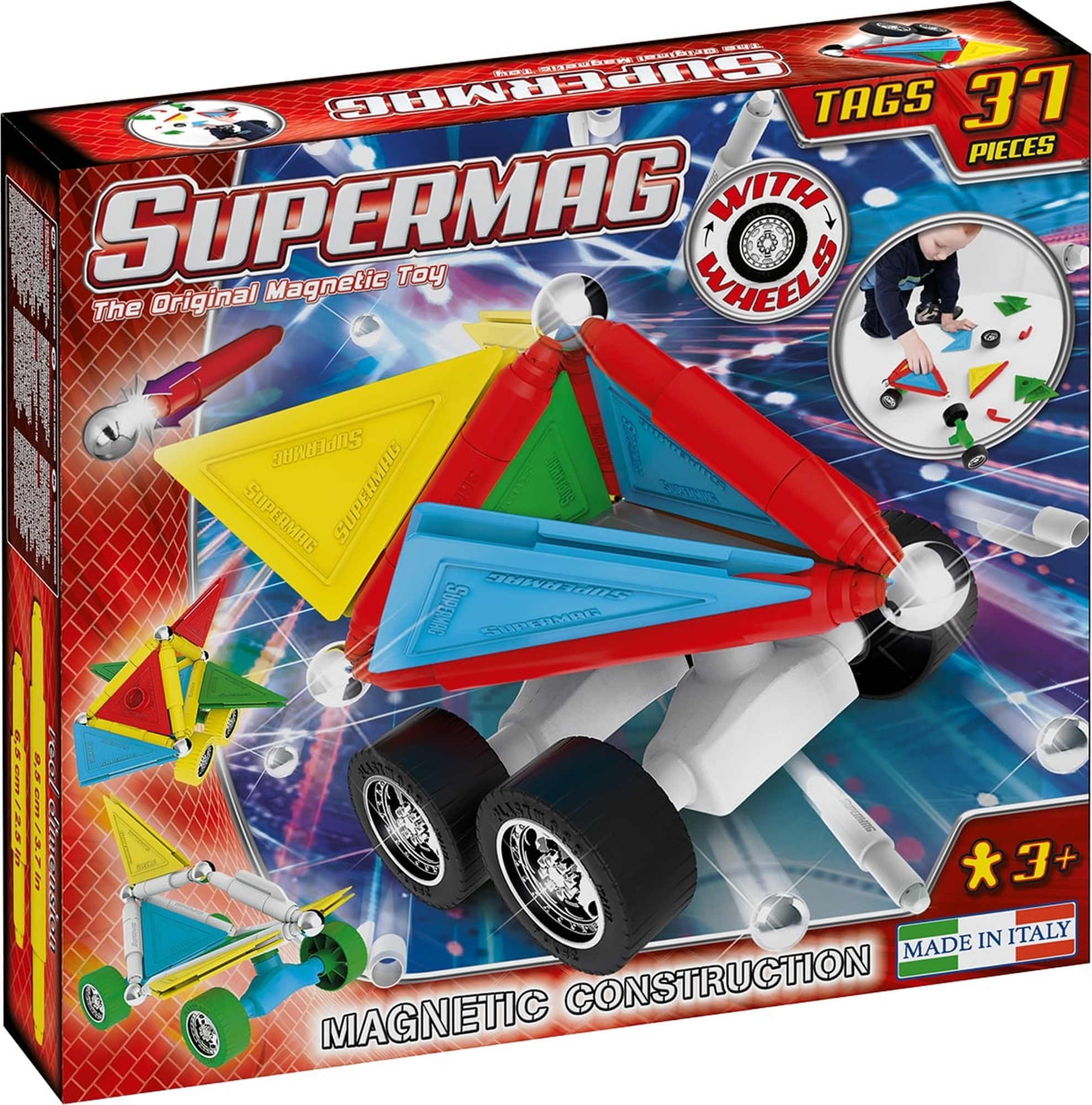 Set constructie magnetic 37 piese tags wheels supermag