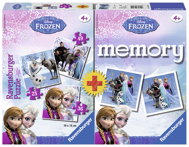 Puzzle si joc memory frozen 3 buc in cutie 25/36/49 piese ravensburger