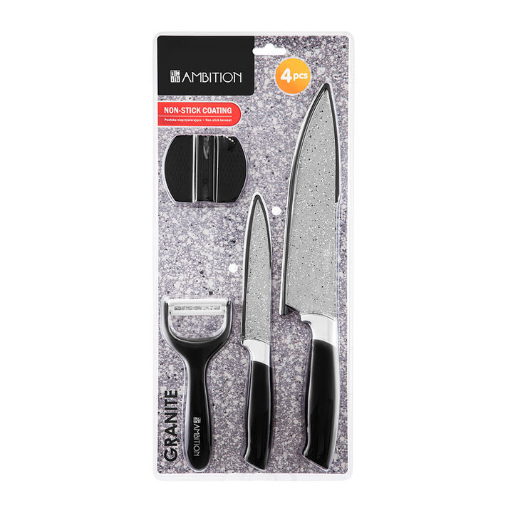Set 4 piese: 2 cutite, ascutitor si curatator