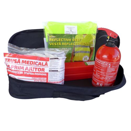 Kit siguranta auto rogroup – trusa medicala, 2 x triunghi, stingator, vesta + geanta depozitare