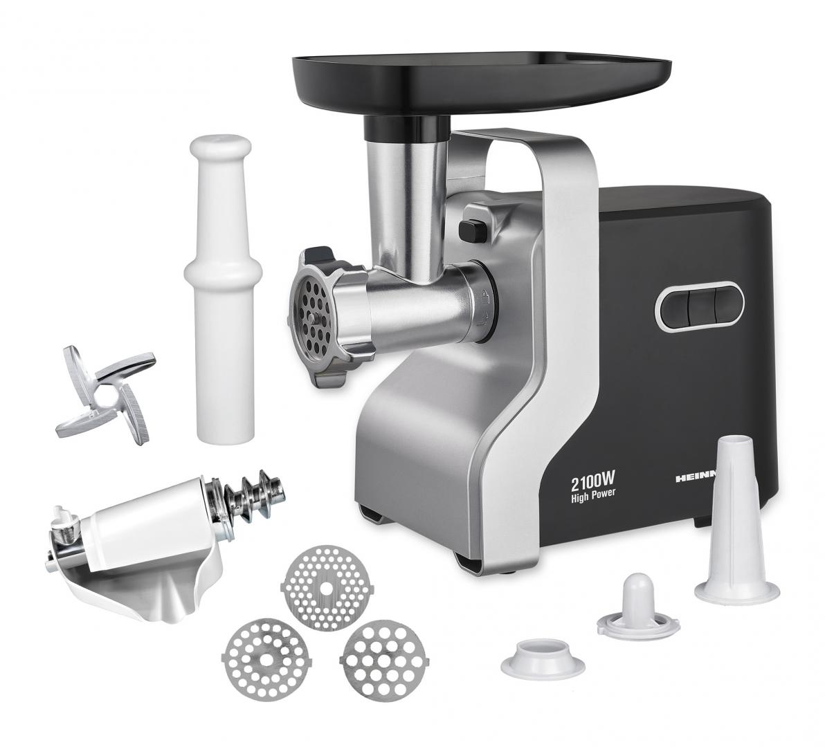 Masina de tocat carne heinner mg-2100bksl, 2100 w, accesoriu rosii, cutit inox, negru/argintiu