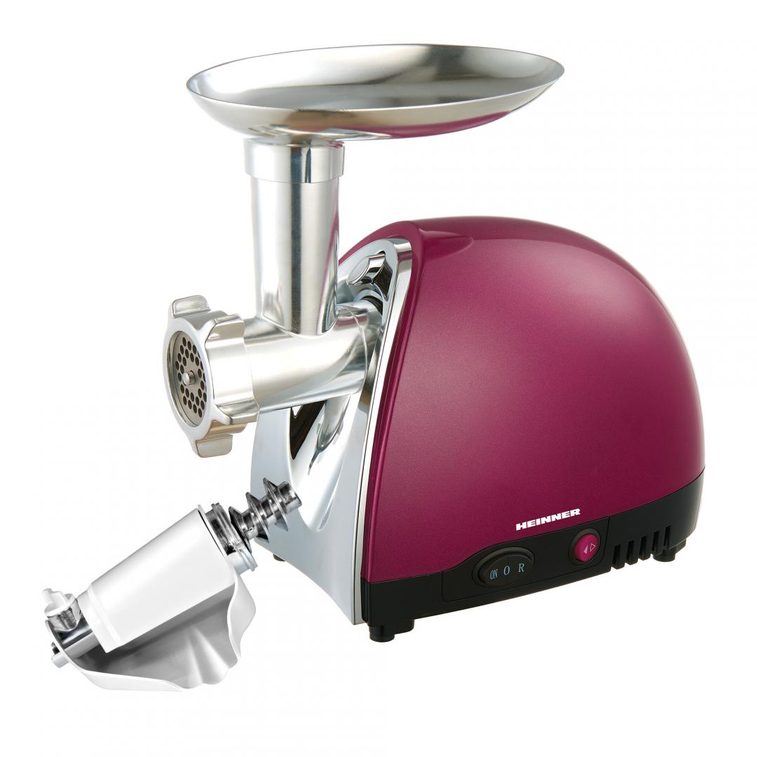 Masina de tocat heinner mg1500ta-bg, 1600 w, accesoriu pentru rosii si carnati, cutit inox, visiniu sidefat
