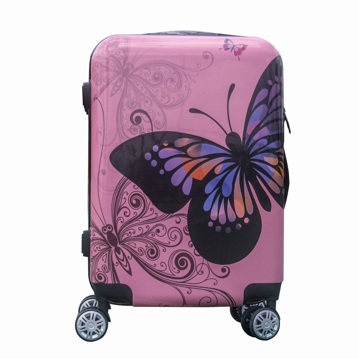 Troler pentru calatorie, din abs si policarbonat, 55 cm, fluturas roz