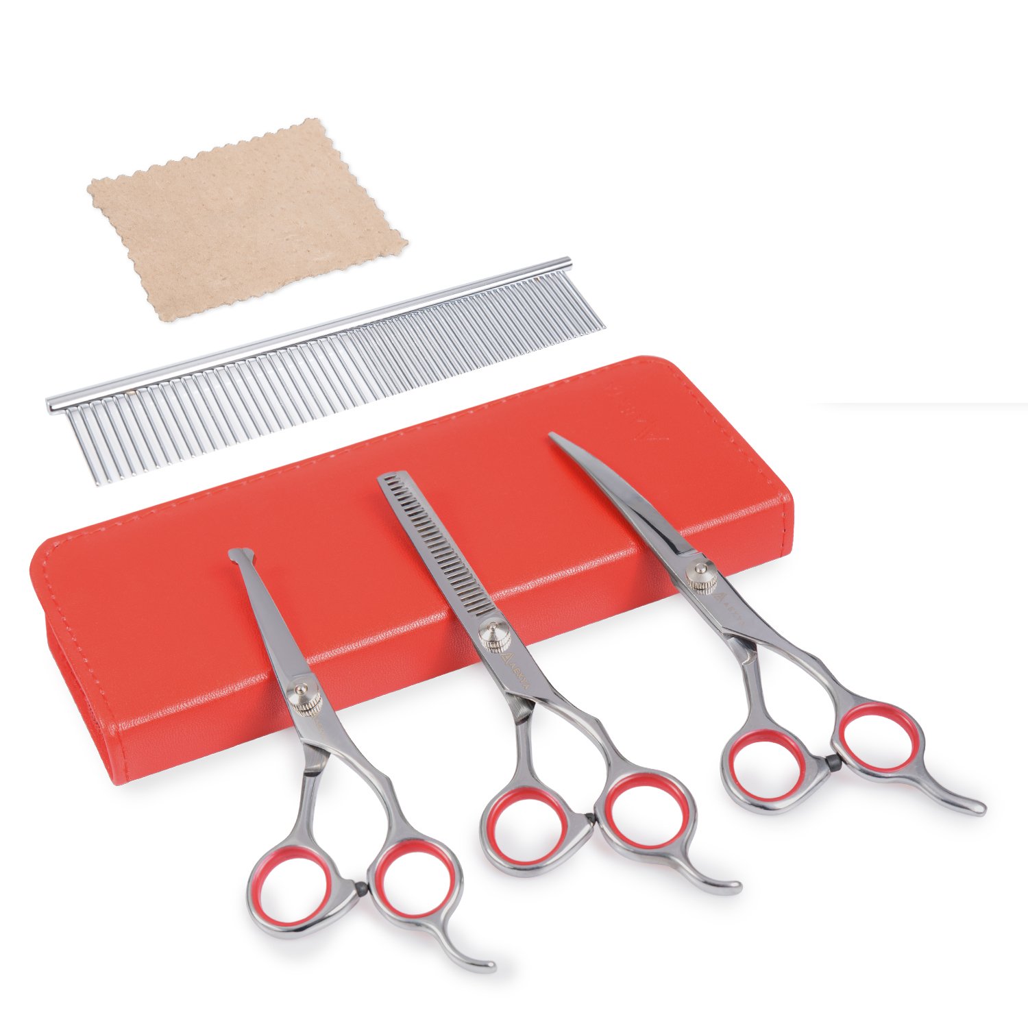 Set de 3 foarfeci profesionale + 1 pieptan pentru tuns animale, aexya, trusa piele rosie