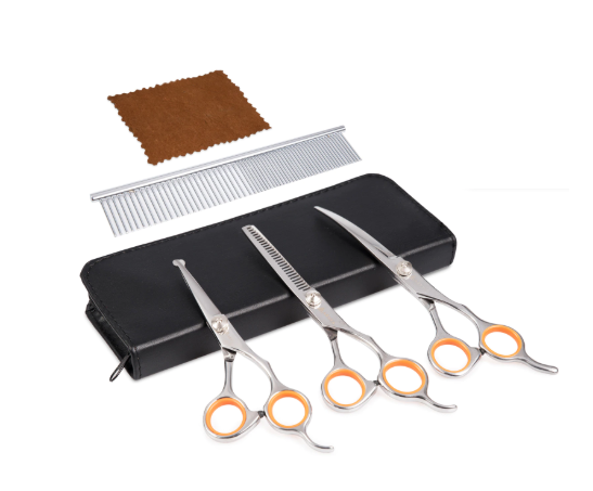 Set de 3 foarfeci profesionale plus pieptan pentru tuns animale, aexya, trusa piele neagra