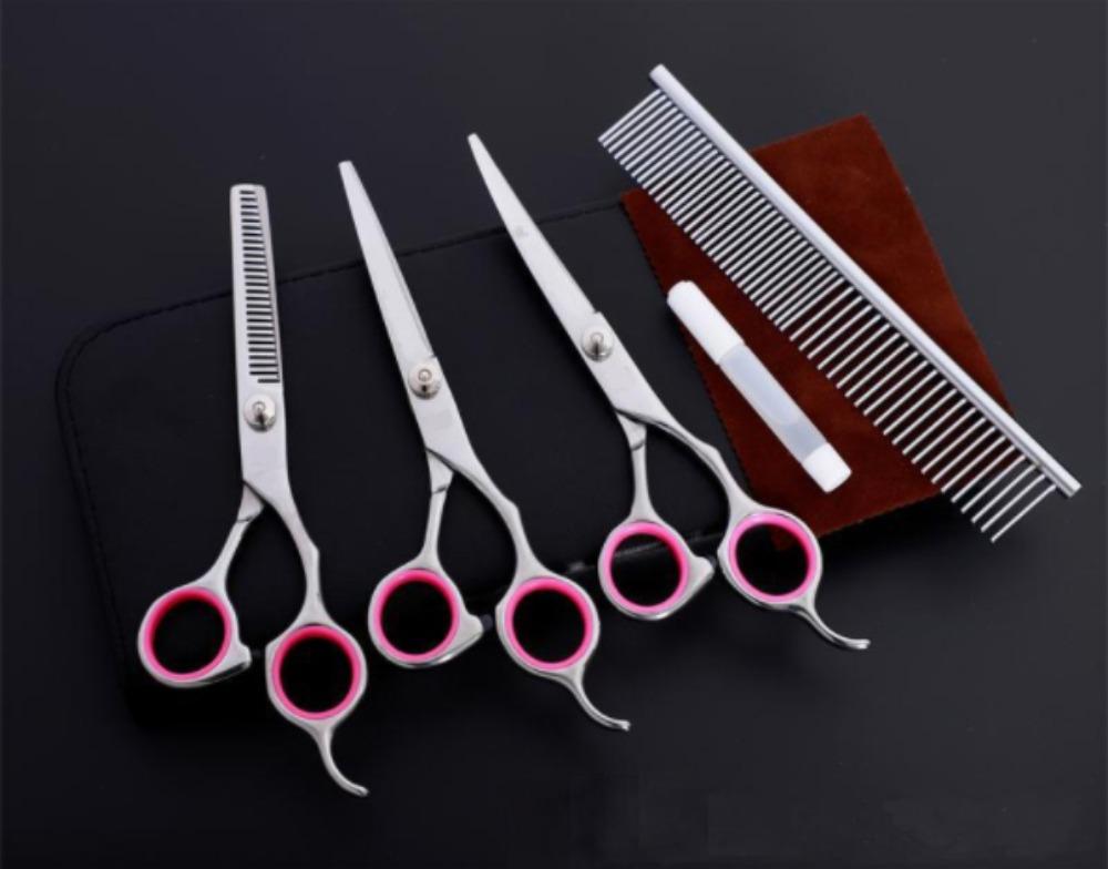 Set de 3 foarfeci profesionale plus pieptan pentru tuns animale, aexya, trusa piele neagra v2